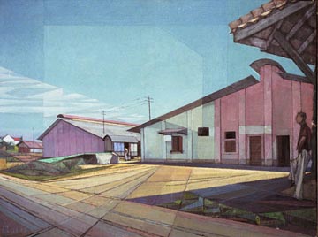 Lukisan Station Java / Stasiun Kereta Api di Jawa (1953) karya Ries Mulder